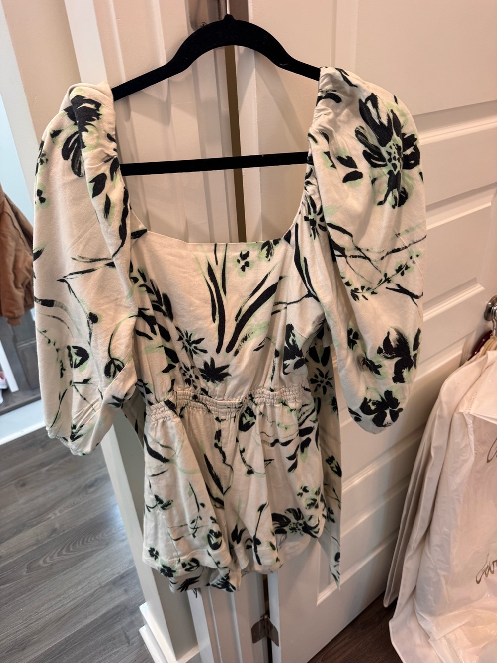 Tanya Taylor White Floral Puff-Sleeve Romper